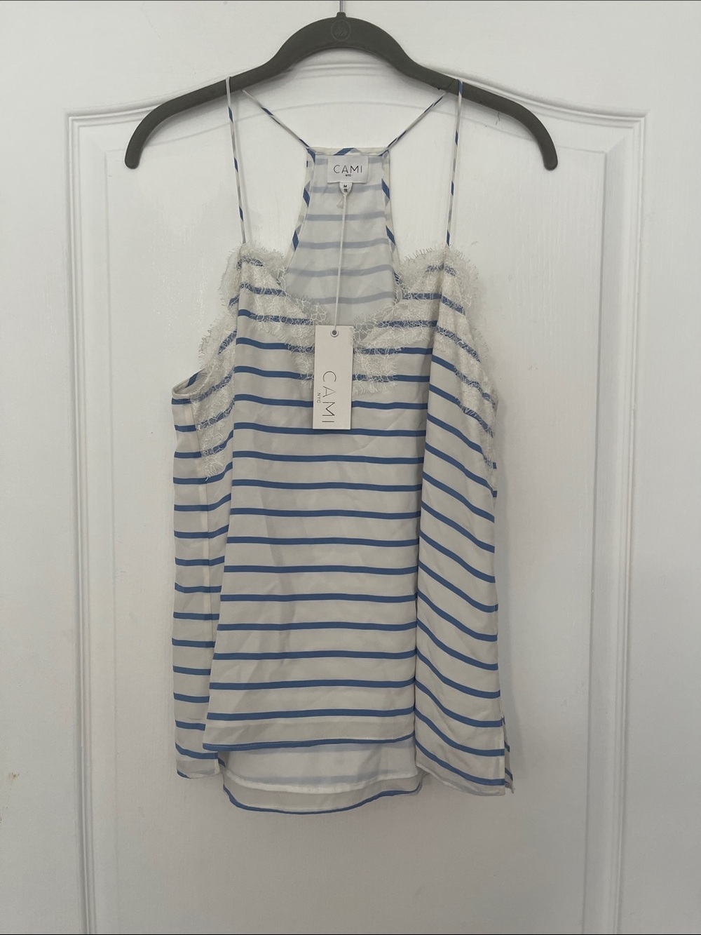 Ami Blue & White Striped Lace-Trim Silk Cami